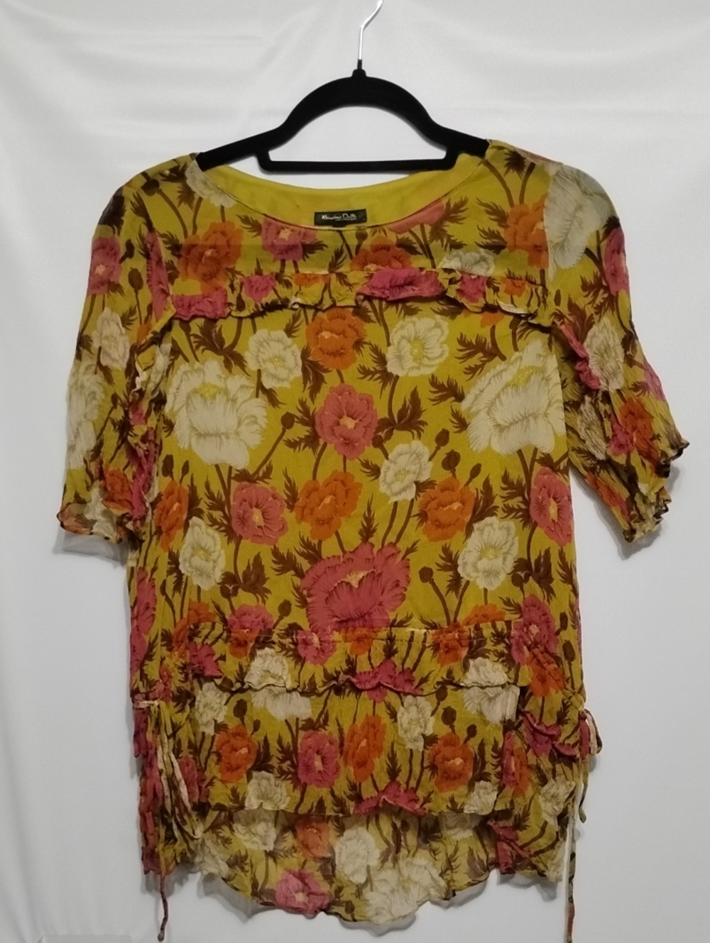 Massimo Dutti Yellow Floral Ruffle Short Sleeve Blouse